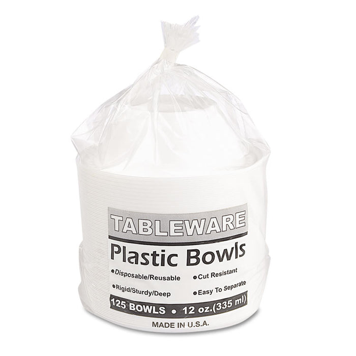 Plastic Dinnerware, Bowls, 12 oz, White, 125/Pack
