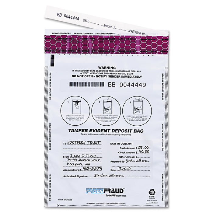 FREEZFraud Tamper-Evident Deposit Bags, 9 x 12, White, 100/Box