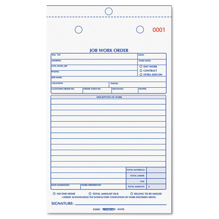 Job Work Order Book, 5 1/2 x 8 1/2, Two Part Carbonless, 50/Book