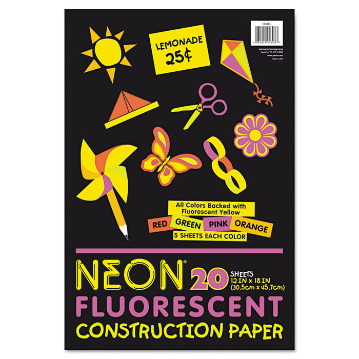 Neon Construction Paper, 76lb, 12 x 18, Assorted, 20/Pack
