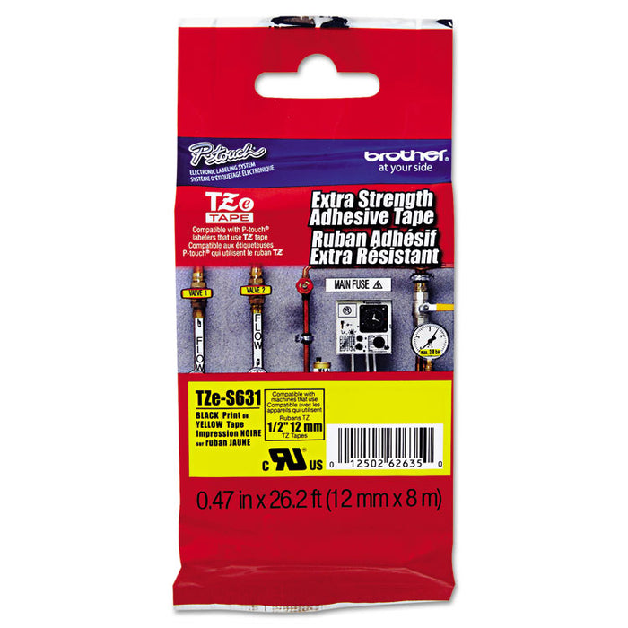 TZe Extra-Strength Adhesive Laminated Labeling Tape, 0.47" x 26.2 ft, Black on Yellow