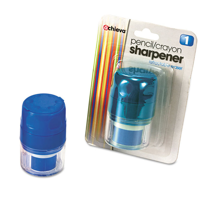 Twin Pencil/Crayon Sharpener with Cap, 1.5" dia. x 2.38", Blue