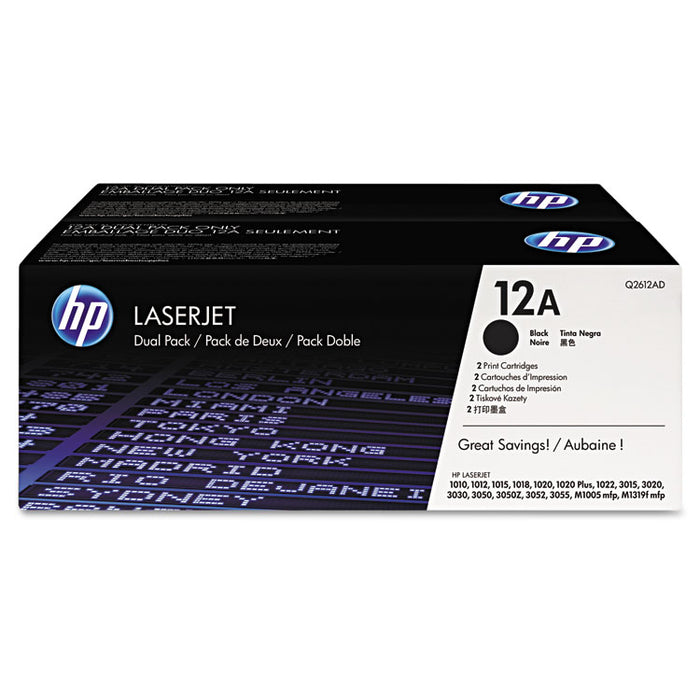 HP 12A, (Q2612D) 2-Pack Black Original LaserJet Toner Cartridges