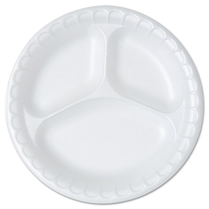 Soak Proof Tableware, Foam Plates, 8 7/8" dia, 3-Comp, White, 50/Pack