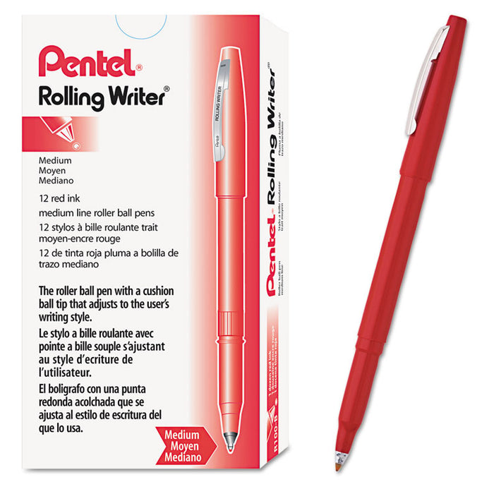 Rolling Writer Roller Ball Pen, Stick, Medium 0.8 mm, Red Ink, Red Barrel, Dozen