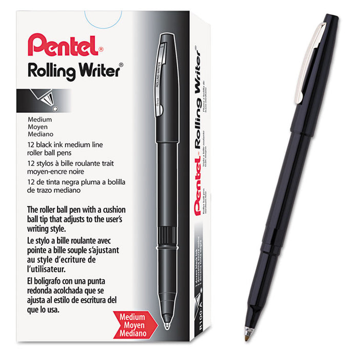 Rolling Writer Roller Ball Pen, Stick, Medium 0.8 mm, Black Ink, Black Barrel, Dozen