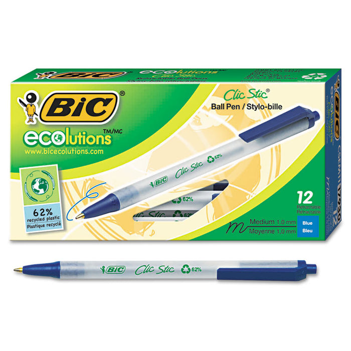 Ecolutions Clic Stic Ballpoint Pen, Retractable, Medium 1 mm, Blue Ink, Clear Barrel, Dozen