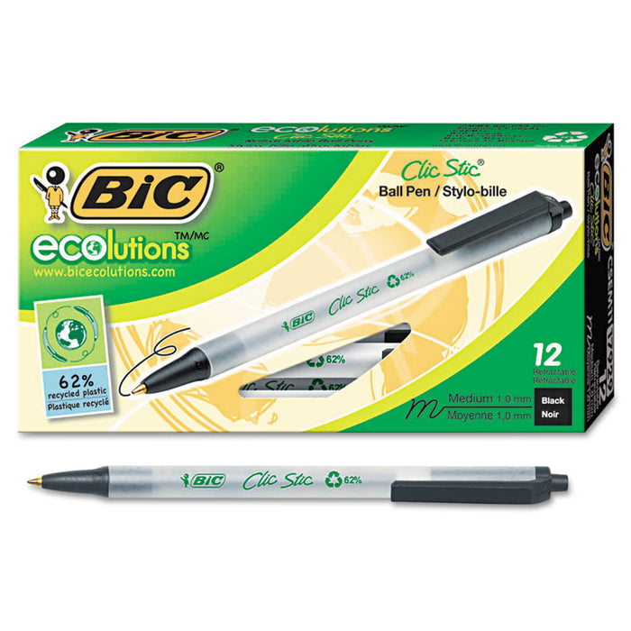 Ecolutions Clic Stic Ballpoint Pen, Retractable, Medium 1 mm, Black Ink, Clear Barrel, Dozen