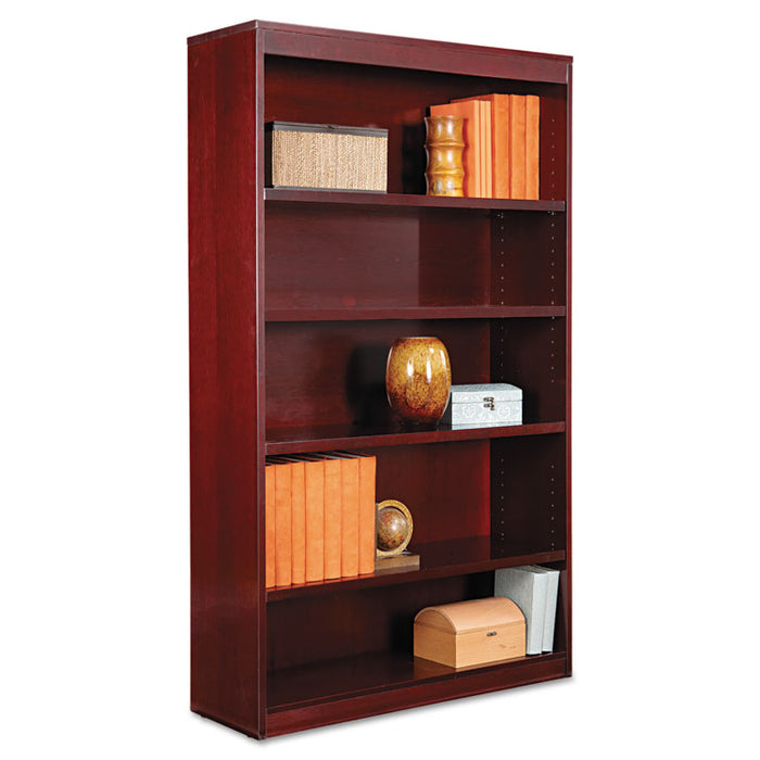 Square Corner Wood Veneer Bookcase, Five-Shelf, 35.63w x 11.81d x 60h, Mahogany