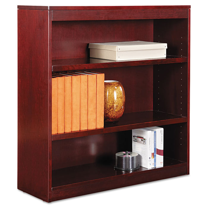 Square Corner Wood Veneer Bookcase, Three-Shelf, 35.63"w x 11.81"d x 35.91"h, Mahogany