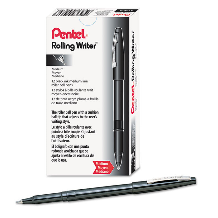 Rolling Writer Roller Ball Pen, Stick, Medium 0.8 mm, Black Ink, Black Barrel, Dozen
