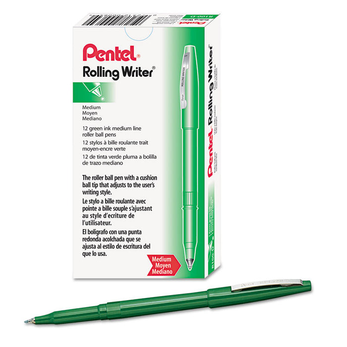 Rolling Writer Roller Ball Pen, Stick, Medium 0.8 mm, Green Ink, Green Barrel, Dozen