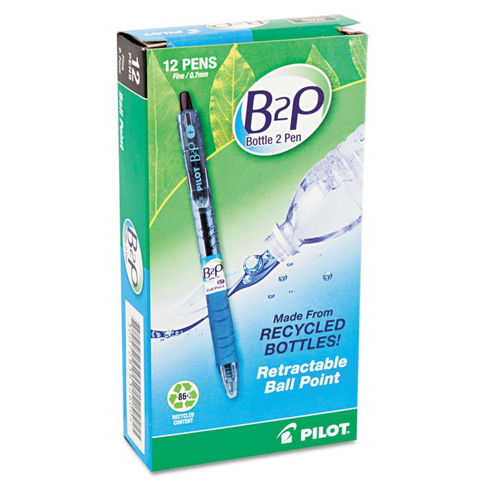 B2P Bottle-2-Pen Retractable Ballpoint Pen, 0.7mm, Black Ink, Translucent Blue Barrel, Dozen