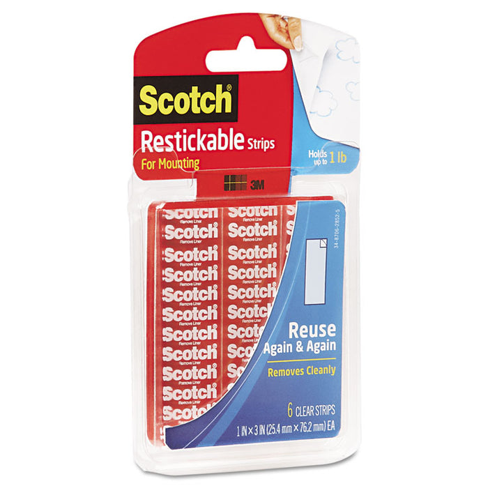 Restickable Mounting Tabs, Removable, Holds Up to 1 lb, 1 x 3, Clear, 6/Pack