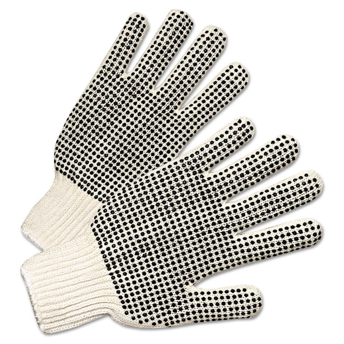 PVC-Dotted String Knit Gloves, Natural White/Black, Large, 12 Pairs