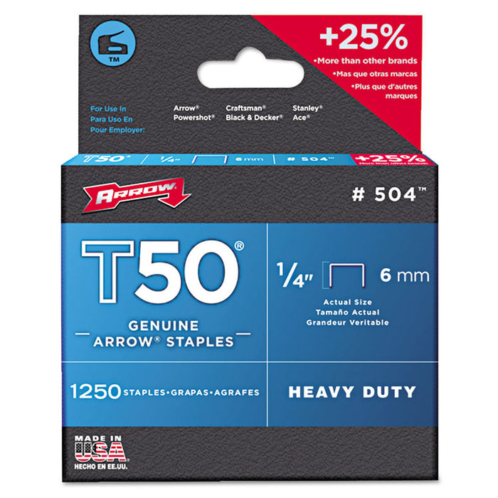 T50 Heavy Duty Staples, 0.25" Leg, 0.38" Crown, Steel, 1,250/Pack