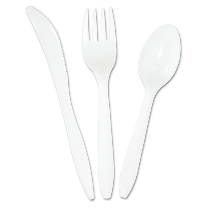 Three-Piece Cutlery Kit, Fork/Knife/Teaspoon, Polypropylene, White, 250/Carton