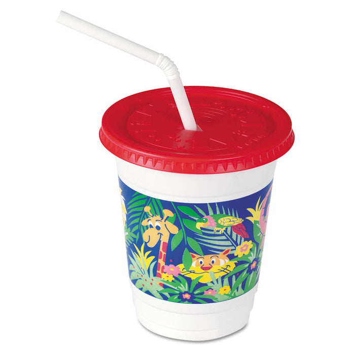 Plastic Kids' Cups with Lids/Straws, 12 oz, Jungle Print, 250 Cups, 250 Lids, 250 Straws/Carton