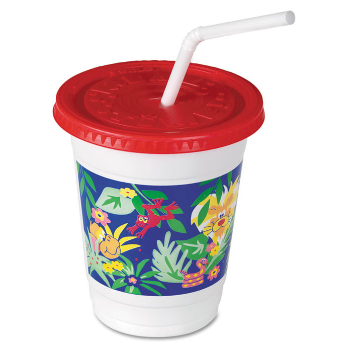 Plastic Kids' Cups with Lids/Straws, 12 oz, Jungle Print, 250 Cups, 250 Lids, 250 Straws/Carton