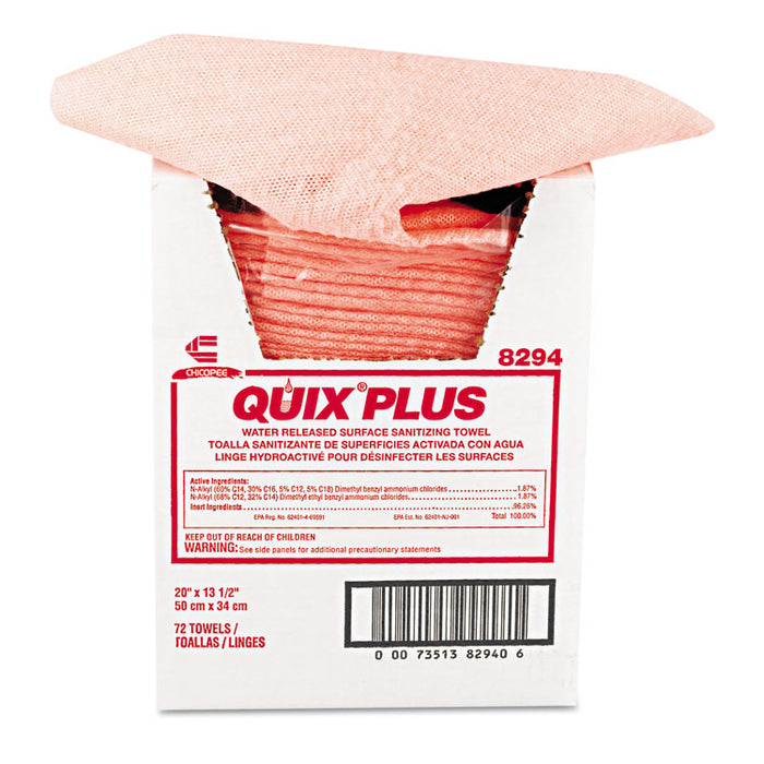 Quix Plus Disinfecting Towels, 13 1/2 x 20, Pink, 72/Carton