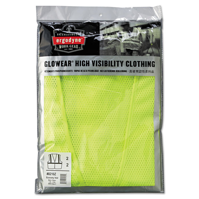 GloWear 8210Z Class 2 Economy Vest, Polyester Mesh, Large/X-Large, Lime