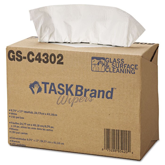 TASKBrand Glass & Surface Wipers, 4Ply, 9.75 x 16.75, White, 150/Box, 6 BX/Ct