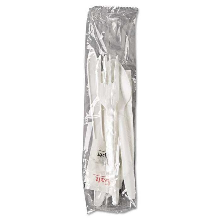 WraPolypropyleneed Cutlery Kit, Fork/Knife/Spoon/Napkin/Salt/PePolypropyleneer, White, 250/Carton