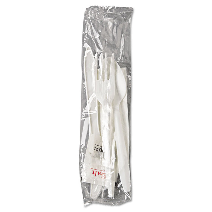 WraPolypropyleneed Cutlery Kit, Fork/Knife/Spoon/Napkin/Salt/PePolypropyleneer, White, 250/Carton