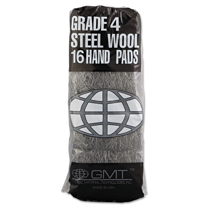 Industrial-Quality Steel Wool Hand Pads, #4 Extra Coarse, Steel Gray, 16 Pads/Sleeve, 12 Sleeves/Carton