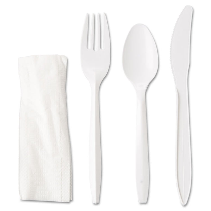 WraPolypropyleneed Cutlery Kit, Fork/Knife/Spoon/Napkin, White, 250/Carton