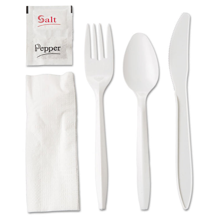 WraPolypropyleneed Cutlery Kit, Fork/Knife/Spoon/Napkin/Salt/PePolypropyleneer, White, 250/Carton