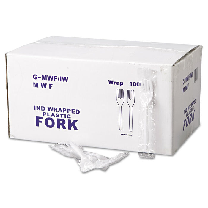 WraPolypropyleneed Cutlery, 6 1/8" Fork, Mediumweight, White, 1000/Carton