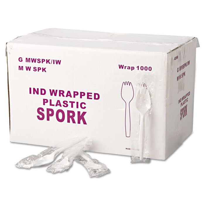WraPolypropyleneed Cutlery, 5 3/4" Spork, Mediumweight, White, 1000/Carton