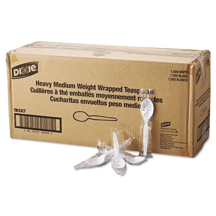 Individually Wrapped Mediumweight Polystyrene Cutlery, Teaspoons, White, 1,000/Carton