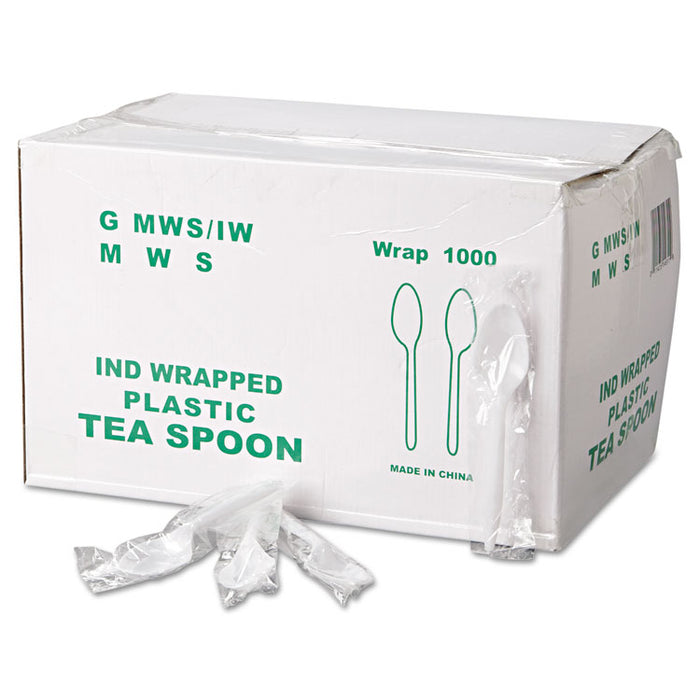 WraPolypropyleneed Cutlery, 5 7/8" Teaspoon, Mediumweight, White, 1000/Carton