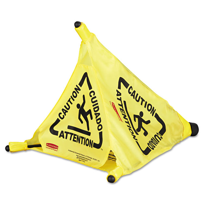 Multilingual Pop-Up Safety Cone, 3-Sided, Fabric, 21 x 21 x 20, Yellow