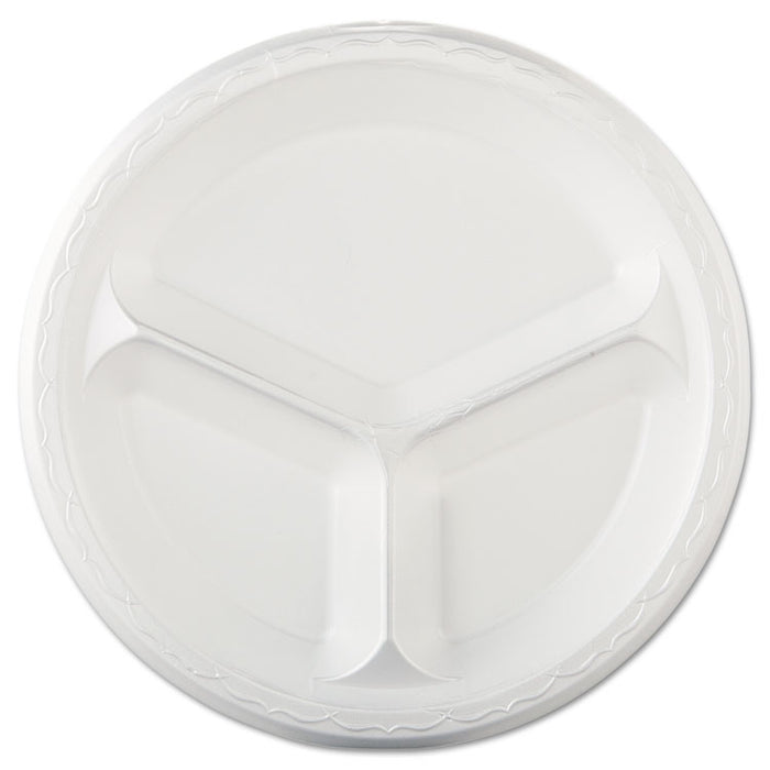 Elite Laminated Foam Dinnerware, 3-Comp Plate, 10.25"Dia, White, 125/PK, 4 PK/CT
