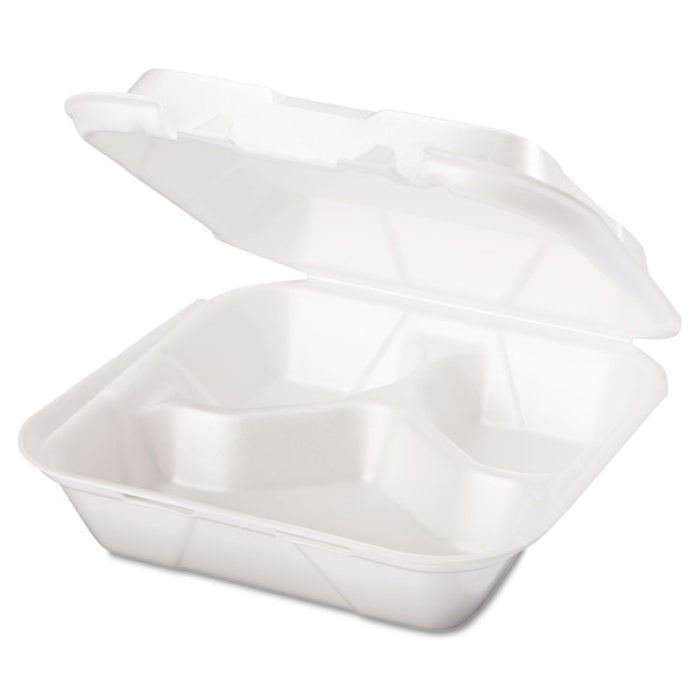Snap It Foam Container, 3-Comp, 8 1/4 x 8 x 3, White, 100/Bag, 2 Bags/Carton