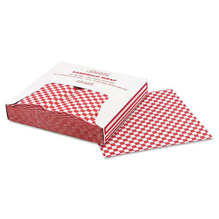 Grease-Resistant Paper Wraps and Liners, 12 x 12, Red Check, 1,000/Box, 5 Boxes/Carton