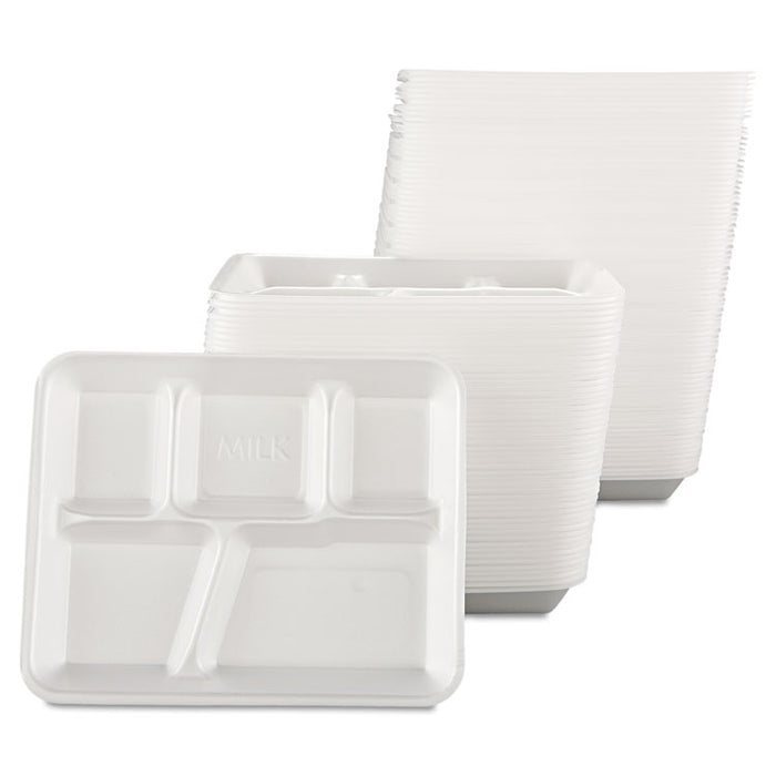 Foam School Trays, 5-Comp, 10 2/5 x 8 2/5 x 1 1/4, White, 500/Carton