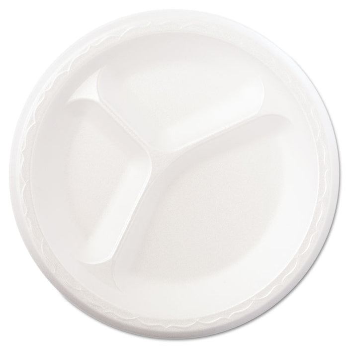 Foam Dinnerware, Plate, 3-Comp, 8 7/8" dia, White, 125/Pack, 4 Packs/Carton