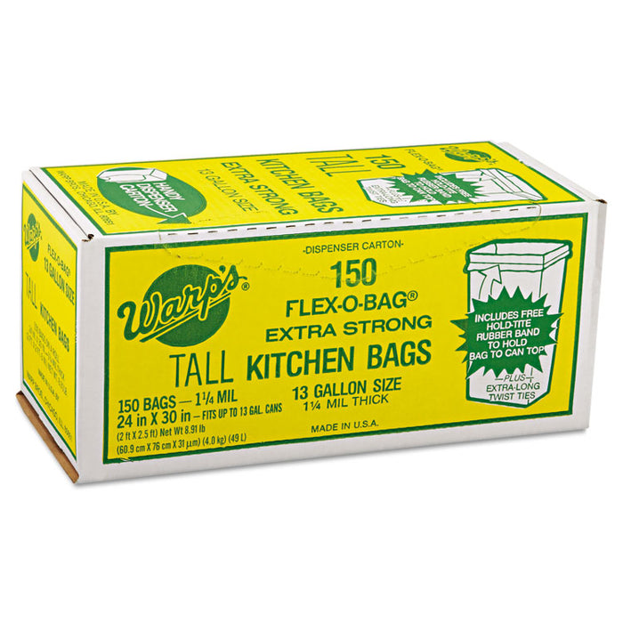 Industrial Strength Flex-O-Bags Trash Can Liners, 13 gal, 1.25 mil, 24" x 30", White