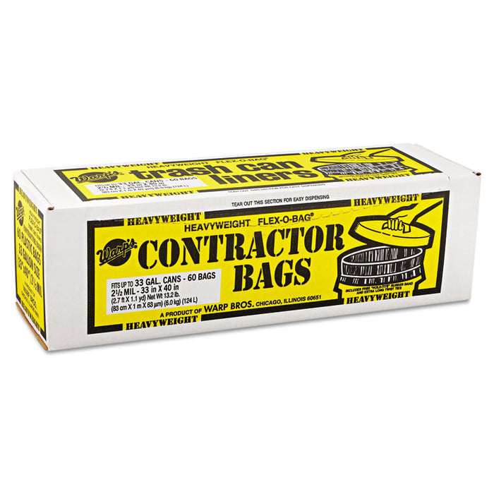 Heavyweight Contractor Bags, 33 gal, 2.5 mil, 33" x 40", Black