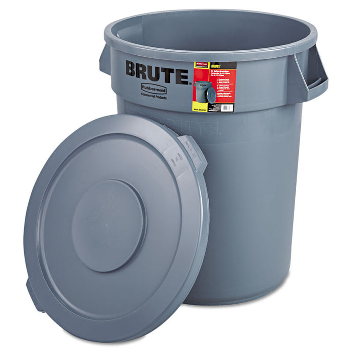 Brute Container with Lid, Round, Plastic, 32 gal, Gray