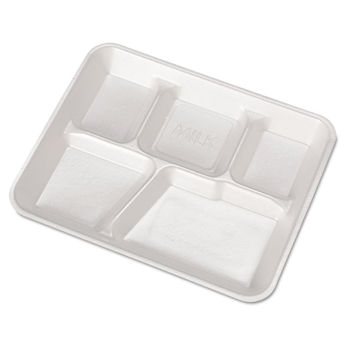 Foam School Trays, 5-Comp, 10 2/5 x 8 2/5 x 1 1/4, White, 500/Carton