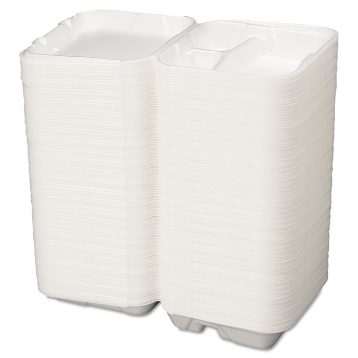 Snap It Foam Container, 3-Comp, 9 1/4 x 9 1/4 x 3, White, 100/Bag, 2 Bags/Carton