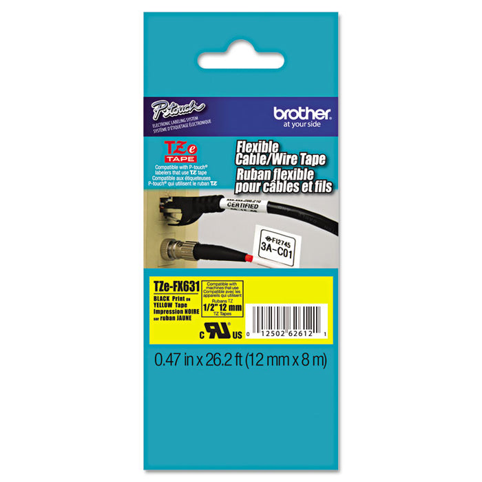TZe Flexible Tape Cartridge for P-Touch Labelers, 0.47" x 26.2 ft, Black on Yellow
