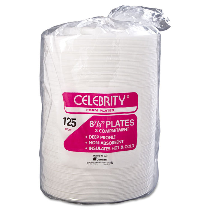 Foam Dinnerware, Plate, 3-Comp, 8 7/8" dia, White, 125/Pack, 4 Packs/Carton