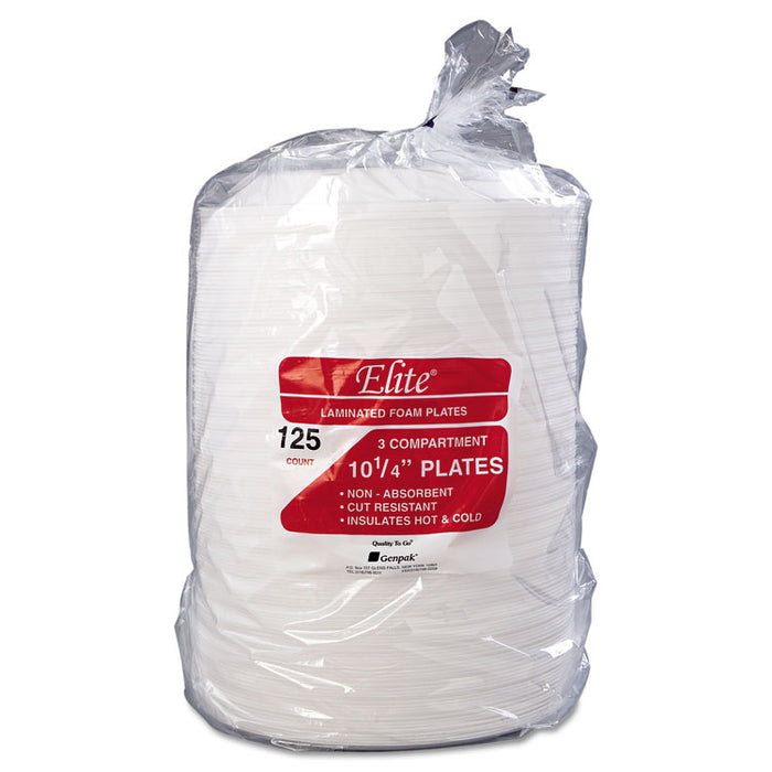 Elite Laminated Foam Dinnerware, 3-Comp Plate, 10.25"Dia, White, 125/PK, 4 PK/CT