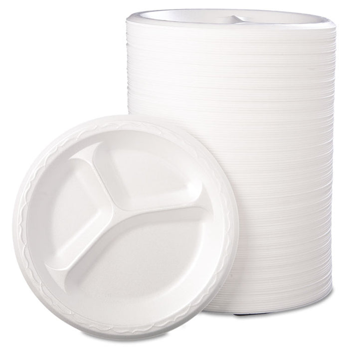 Foam Dinnerware, Plate, 3-Comp, 8 7/8" dia, White, 125/Pack, 4 Packs/Carton